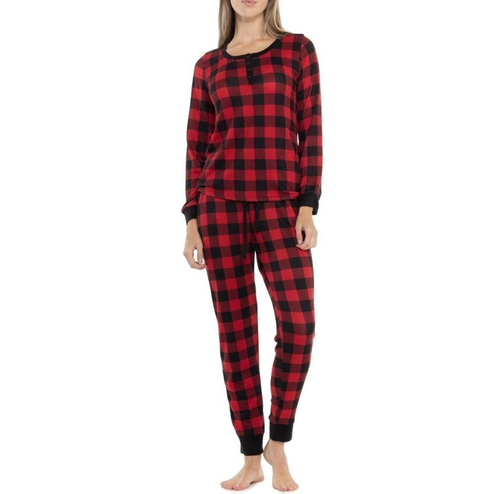 BearPaw L Red Black Soft Cozy Buffalo Plaid Henley Long Sleeve Pants PJ Set